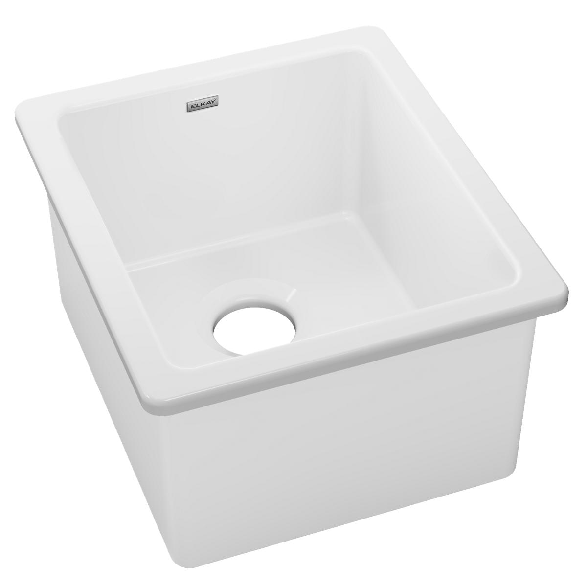 White fireclay undermount bar sink with single bowl and drain hole, shown from angled view.