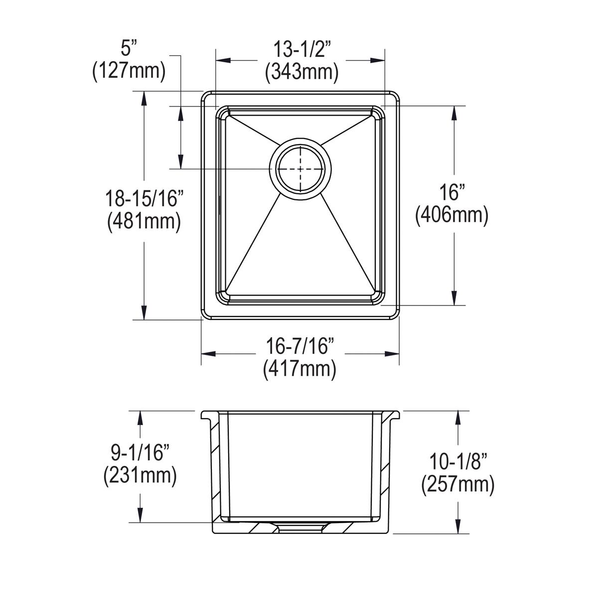 White fireclay single bowl undermount bar sink with rounded corners and center drain shown in top and side views.