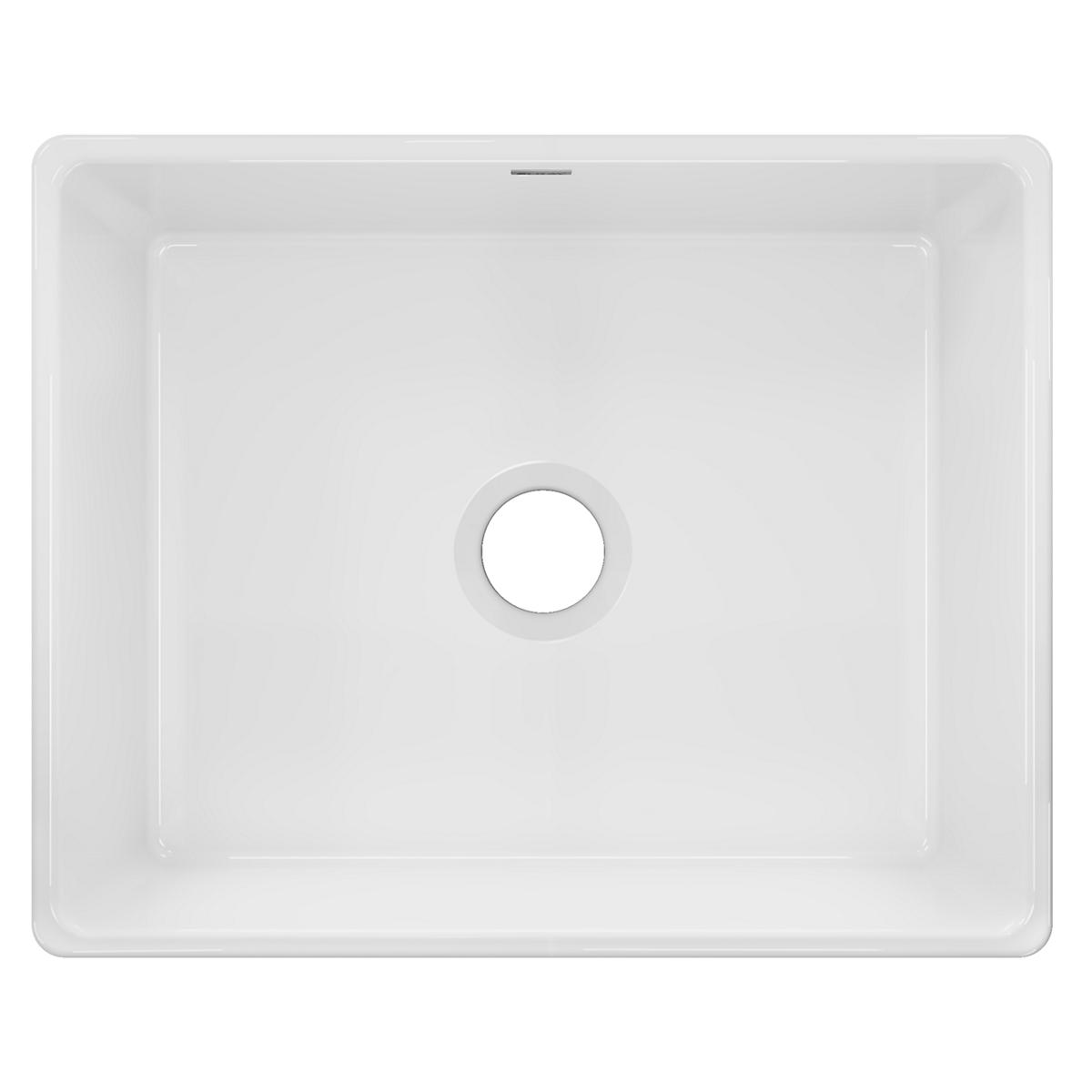 White fireclay single bowl farmhouse sink with rounded corners and center drain hole, viewed from above.
