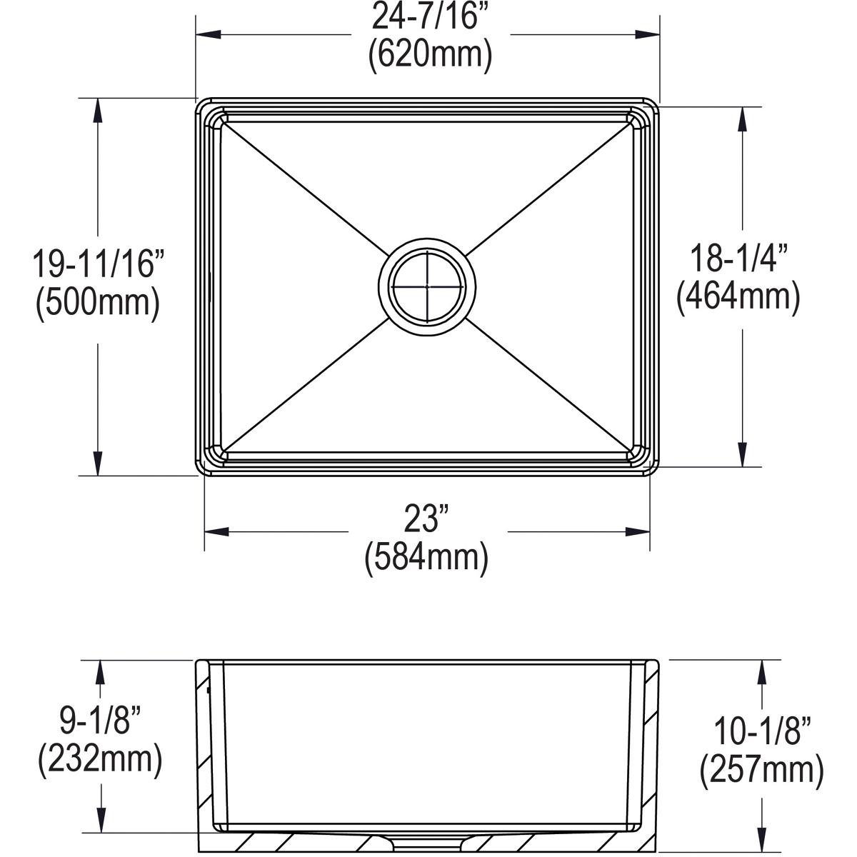 White fireclay single bowl farmhouse sink with centered drain and rounded corners, shown in top and side views.