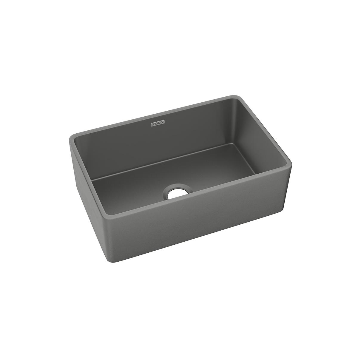 Gray fireclay farmhouse sink with single bowl and rounded corners, shown from above at an angle.