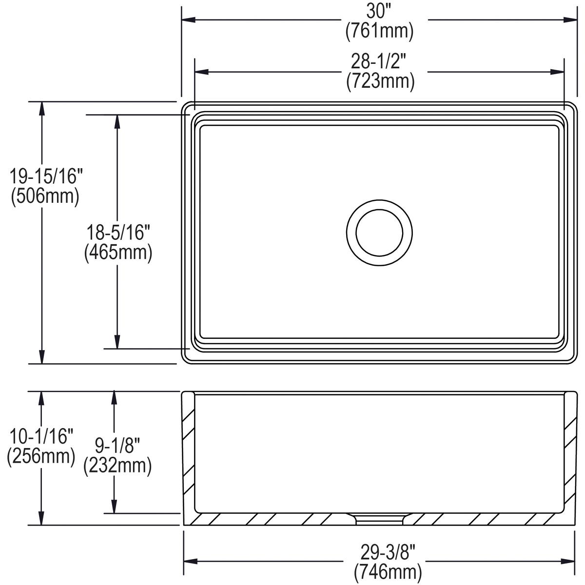 Gray fireclay single bowl farmhouse sink with rounded corners and drain hole, top and side views with dimensions.