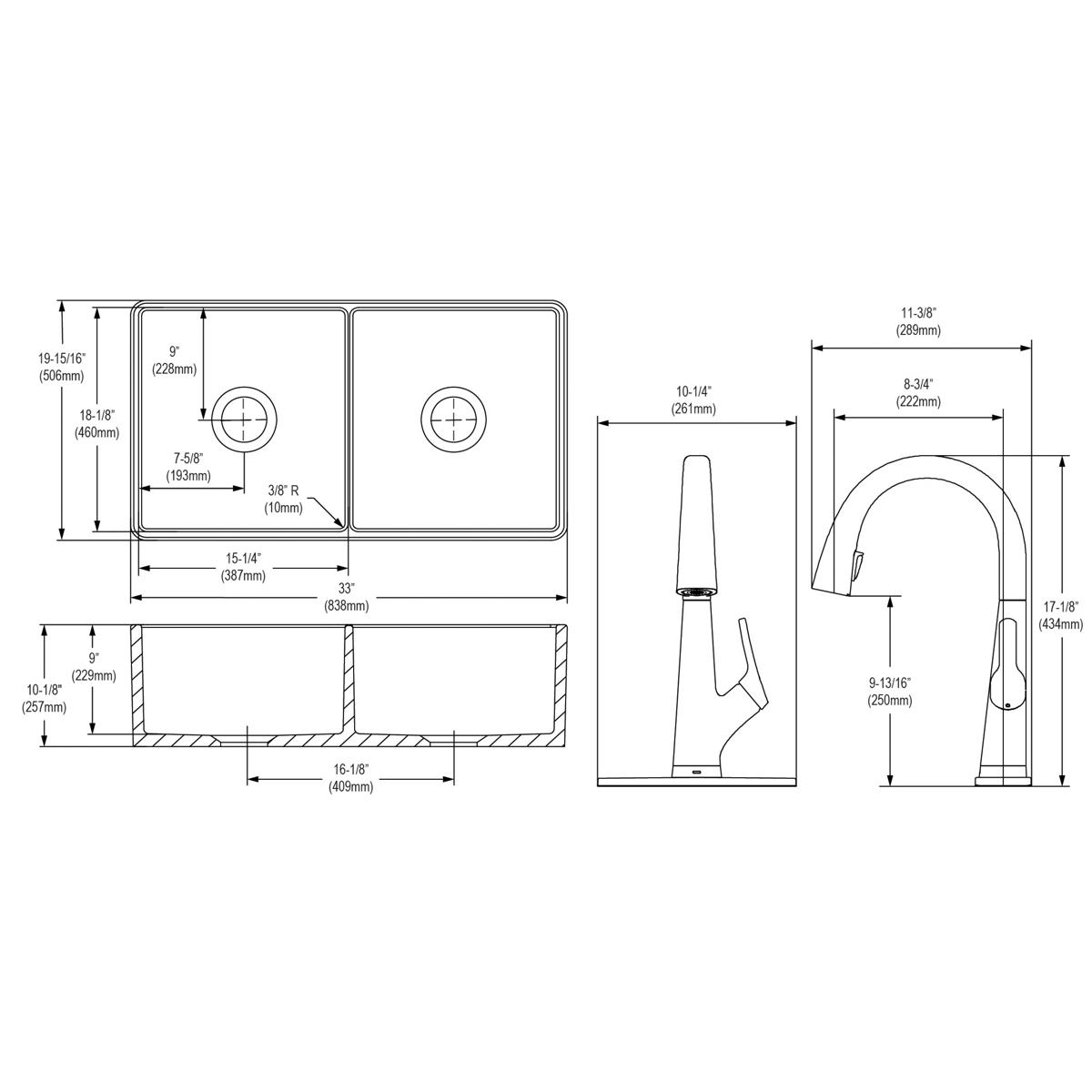 White fireclay farmhouse sink with two equal bowls and matching filtered faucet shown in top and side technical drawings with