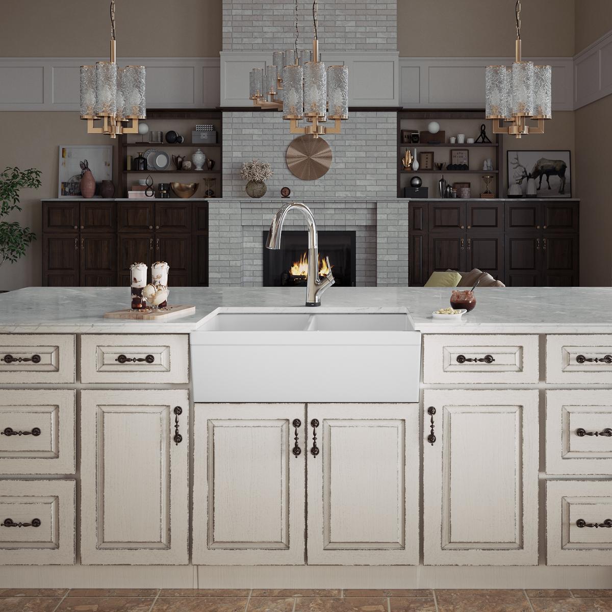 White fireclay farmhouse sink with two equal bowls and stainless steel filtered faucet installed in kitchen counter.