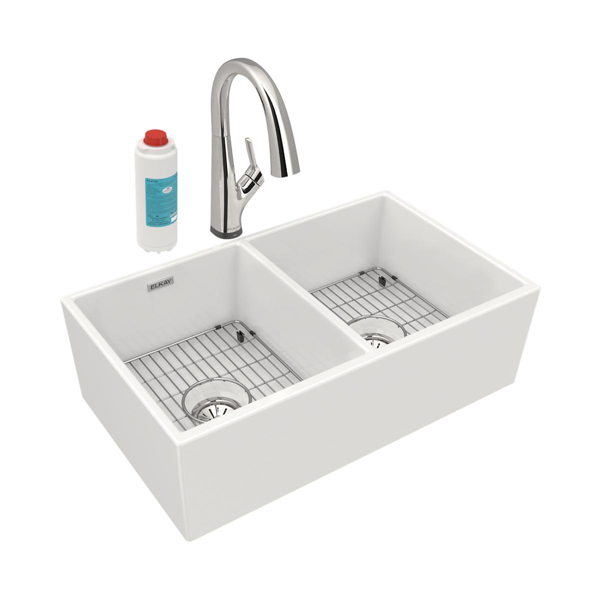 White fireclay farmhouse sink with two equal bowls, chrome pull-down faucet, grid strainers, and filtered water cartridge.