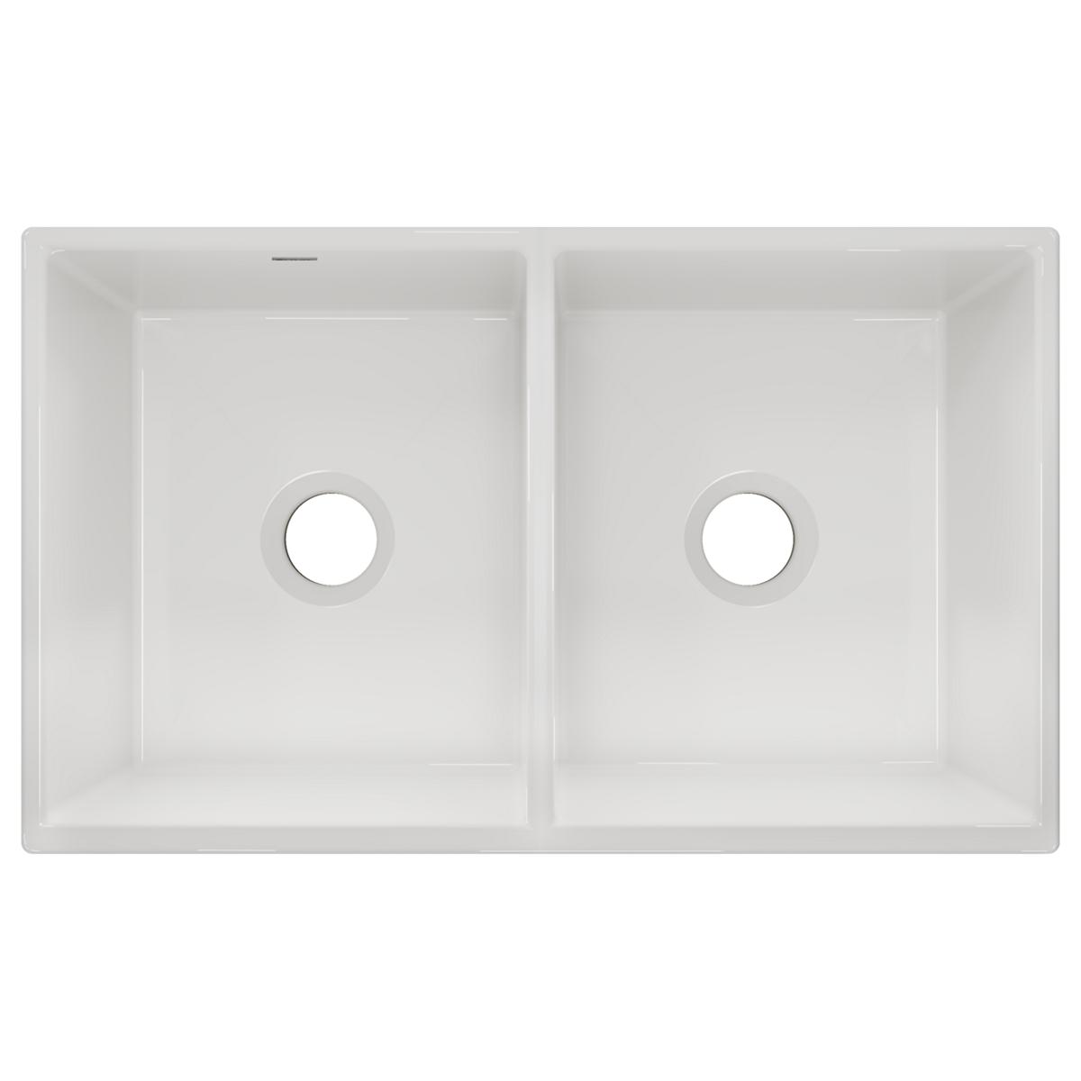White fireclay farmhouse sink with two equal rectangular bowls and drain holes, viewed from above.