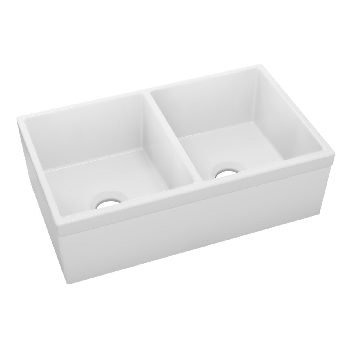 White fireclay farmhouse sink with two equal rectangular bowls and drainage holes.