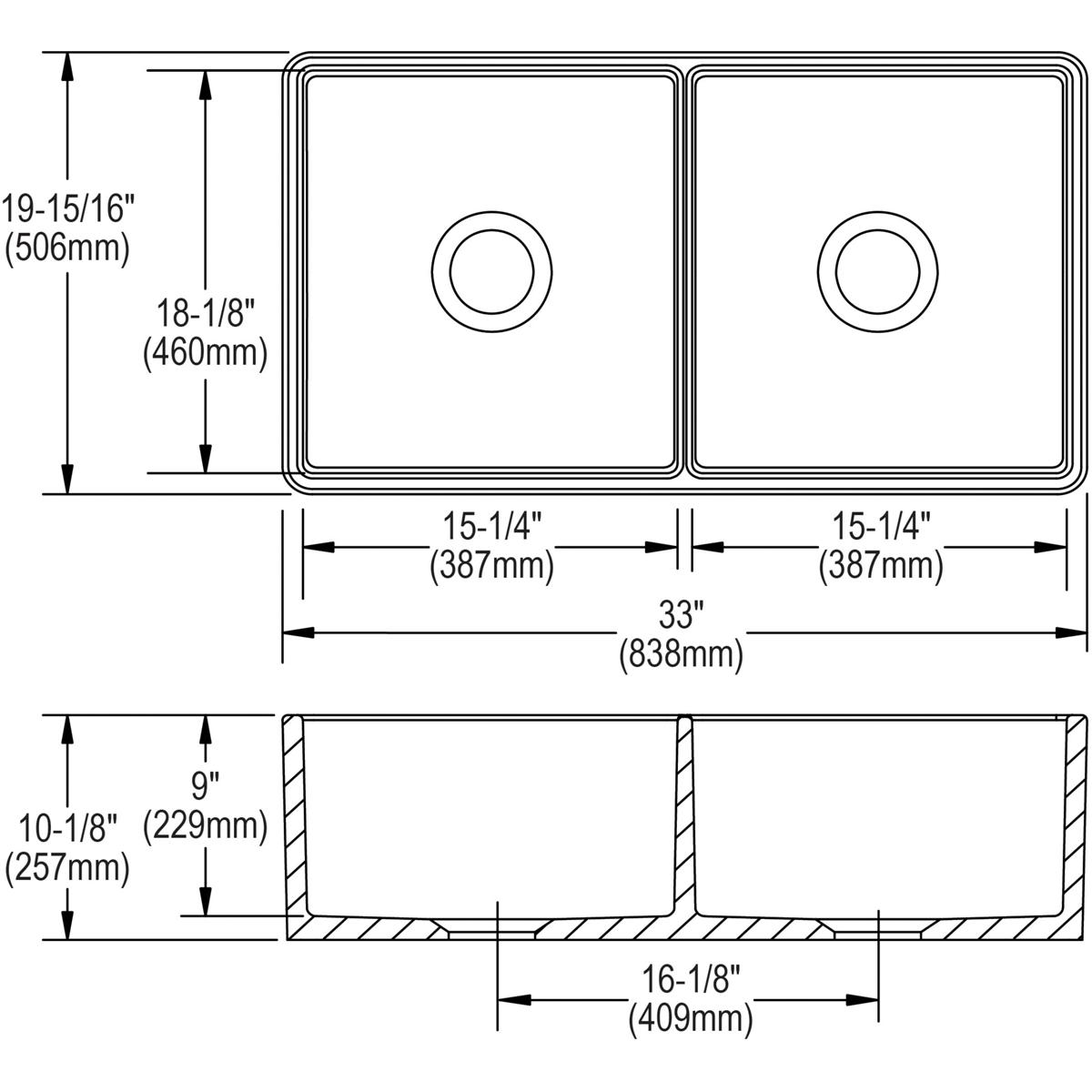 White fireclay farmhouse sink with two equal rectangular bowls and drain holes, top and side view technical drawing.