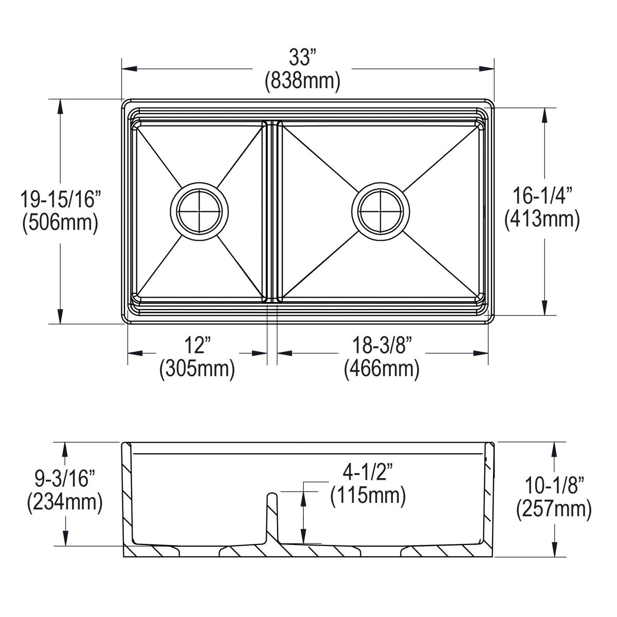 White fireclay double bowl farmhouse sink with 60/40 basin configuration and center divider, shown in top and side views with