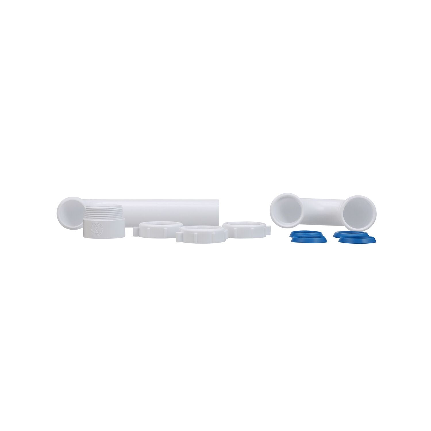 White plastic P-trap J-bend plumbing fixture with threaded connectors, nuts, and blue caps displayed as individual components