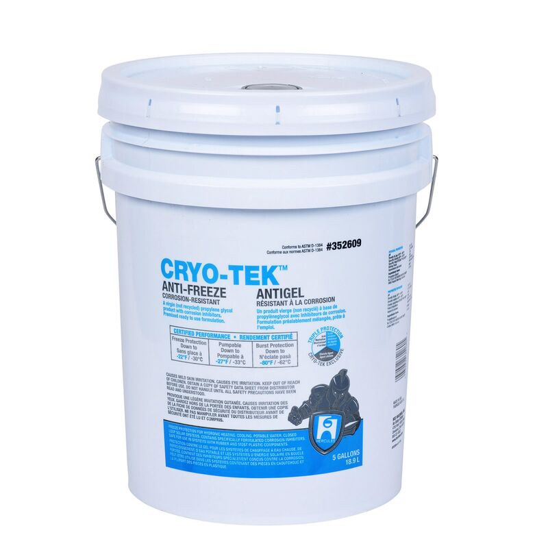 White 5-gallon bucket of Cryo-Tek antifreeze with blue label and metal handle.