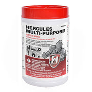 Cylindrical container with red lid containing Hercules Multi-Purpose pre-moistened jobsite wipes, 70 count, 12" x 10" towels.
