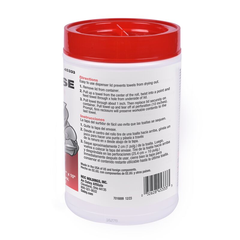 Red and white cylindrical container of Hercules For Hands pre-moistened towels with red lid and usage directions.