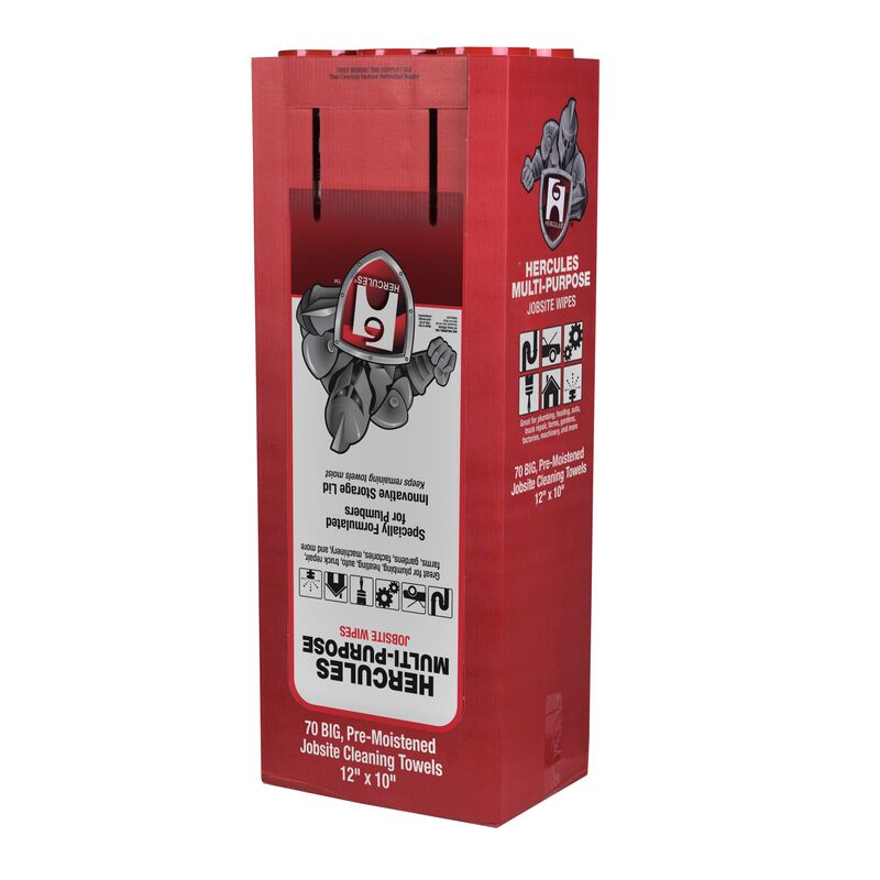 Red dispenser box containing 70 pre-moistened cleaning towels with black handles and Hercules branding.
