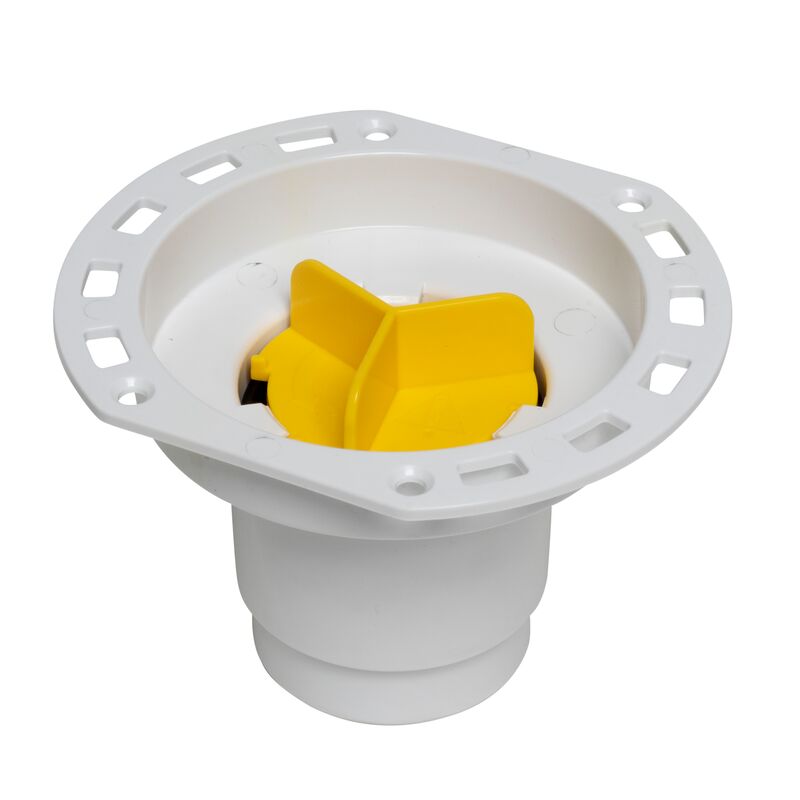 White plastic tub drain assembly with yellow valve component and mounting flange with square holes.
