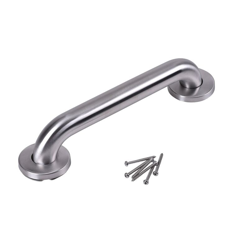 Satin stainless steel grab bar with curved handle and circular flanges on each end, shown with mounting screws.