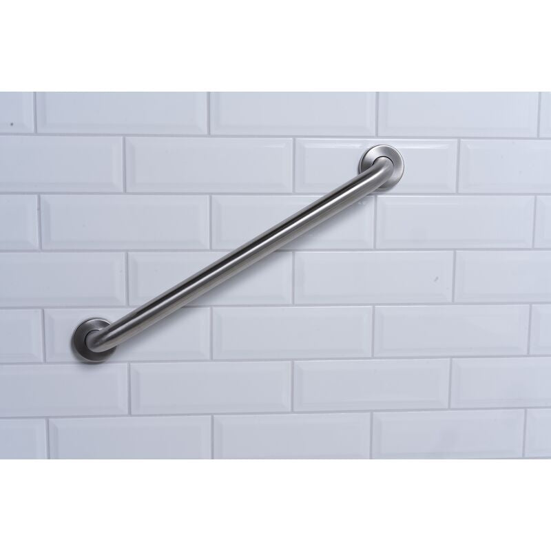 Stainless steel grab bar with 1-1/2 inch diameter and circular wall mounts, installed on white subway tile.