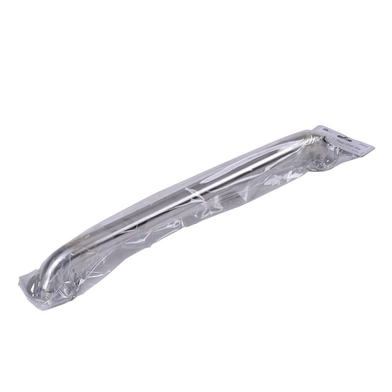 Stainless steel grab bar with satin finish in plastic packaging, angled view showing curved cylindrical design.