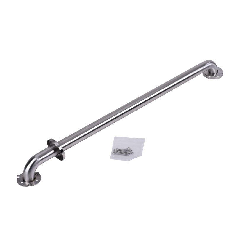 Stainless steel grab bar with curved ends and wall mounting brackets included.