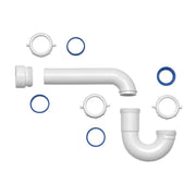 White plastic P-trap J-bend assembly with curved drain pipe, connecting nuts, and blue rubber seals on white background.