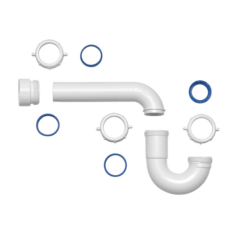 White plastic P-trap J-bend assembly with curved drain pipe, connecting nuts, and blue rubber seals on white background.