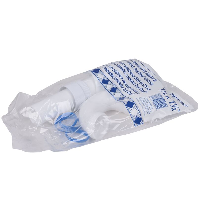 White plastic P-trap J-bend plumbing fixture in clear packaging with blue product label and branding.