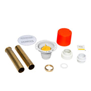 Freestanding tub drain kit components including brass pipes, white drain assembly with yellow valve, red cap, fittings, ring,