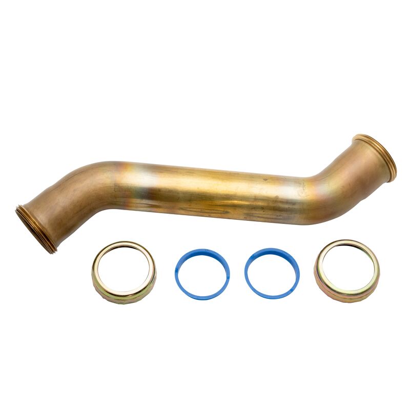 Chrome-finished offset trap bend with four washers, two blue and two metallic.