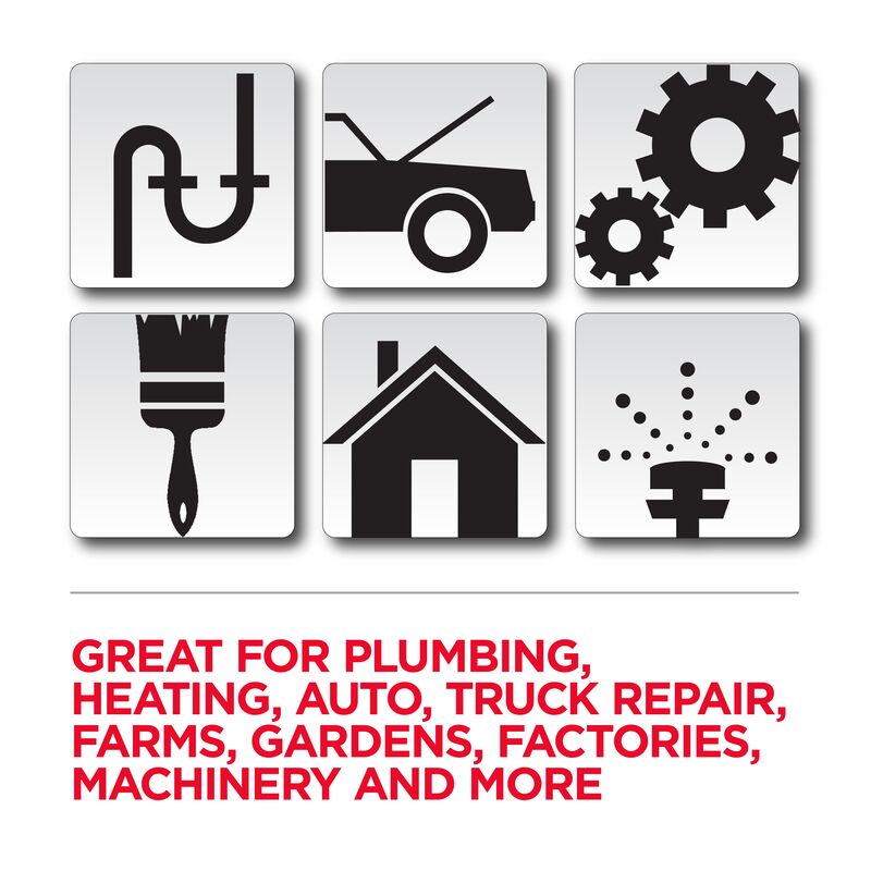 Six icons showing pipe, vehicle, gears, brush, house, and spray nozzle with red text describing product uses below.