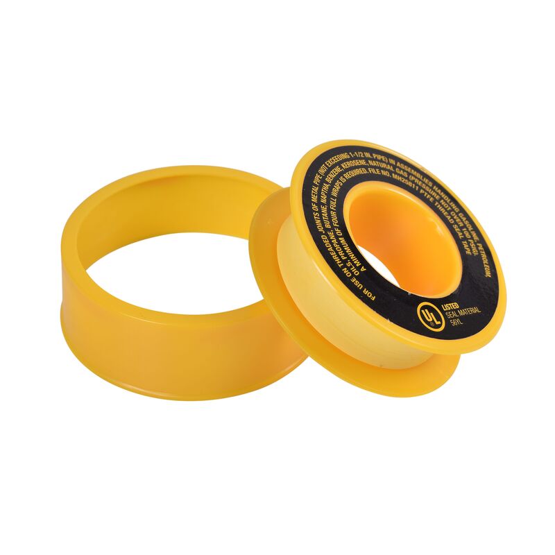 Yellow PTFE thread seal tape roll with black and orange label, shown unwound and rolled.