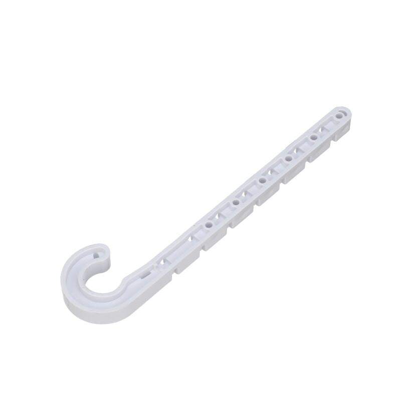 White plastic J-hook with curved end and multiple mounting holes along the shaft.
