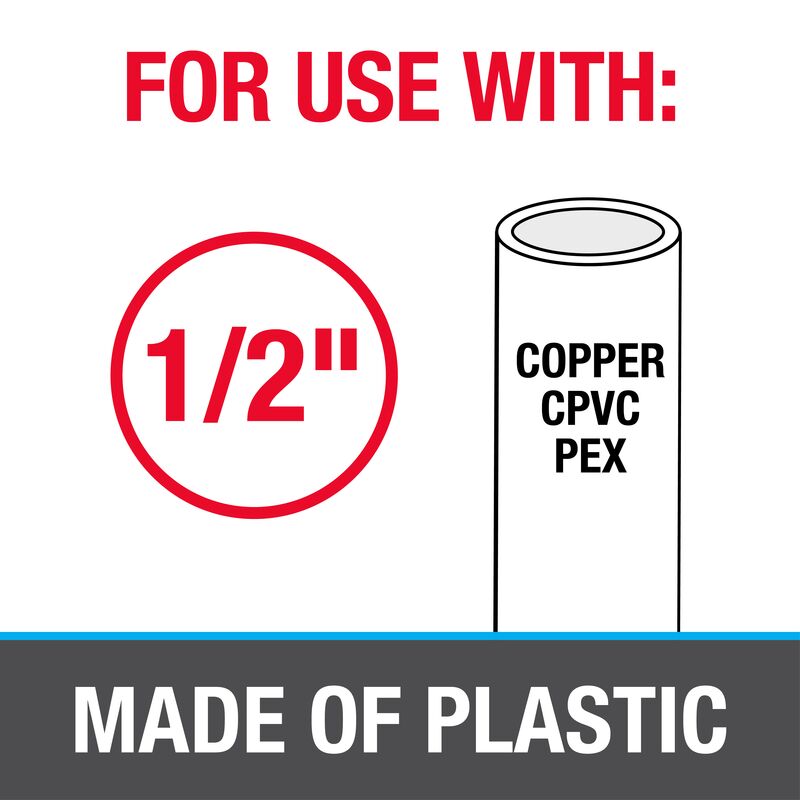 Steel barbed half clamp nail with 1 inch size marking and compatibility information for copper, CPVC, and PEX pipes.