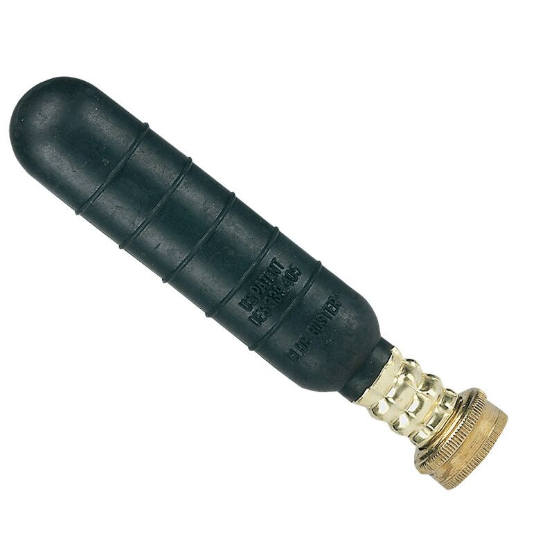 Black cylindrical drain cleaning attachment with rounded tip and brass threaded connection fitting.