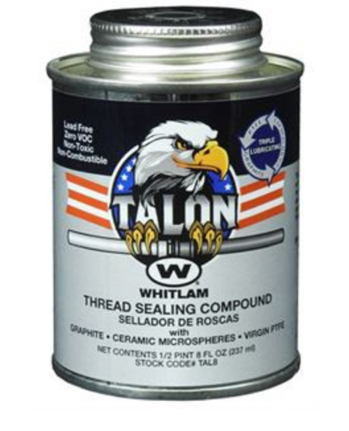 Whitlam Talon PTFE pipe thread compound in metal can with eagle logo and American flag design.