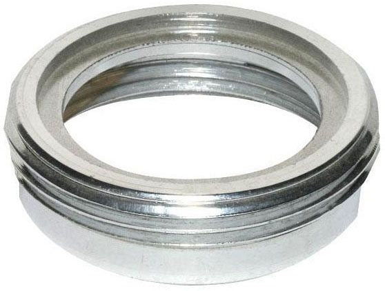 Chrome-plated metal adapter ring with grooved bands for Sloan faucet connections.