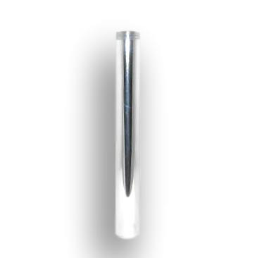 Chrome plated metal tail piece, cylindrical with tapered end, approximately 6 inches long.