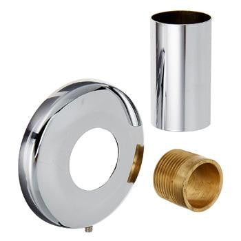 Chrome plumbing adapter kit with circular escutcheon, cylindrical sleeve, and brass threaded fitting.