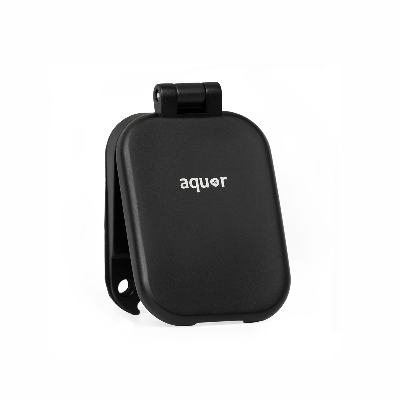 Matte black hydrant cover with hinged clamshell design and mounting bracket on top.