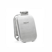 Brushed stainless steel hydrant cover with hinge mechanism and rounded rectangular design.
