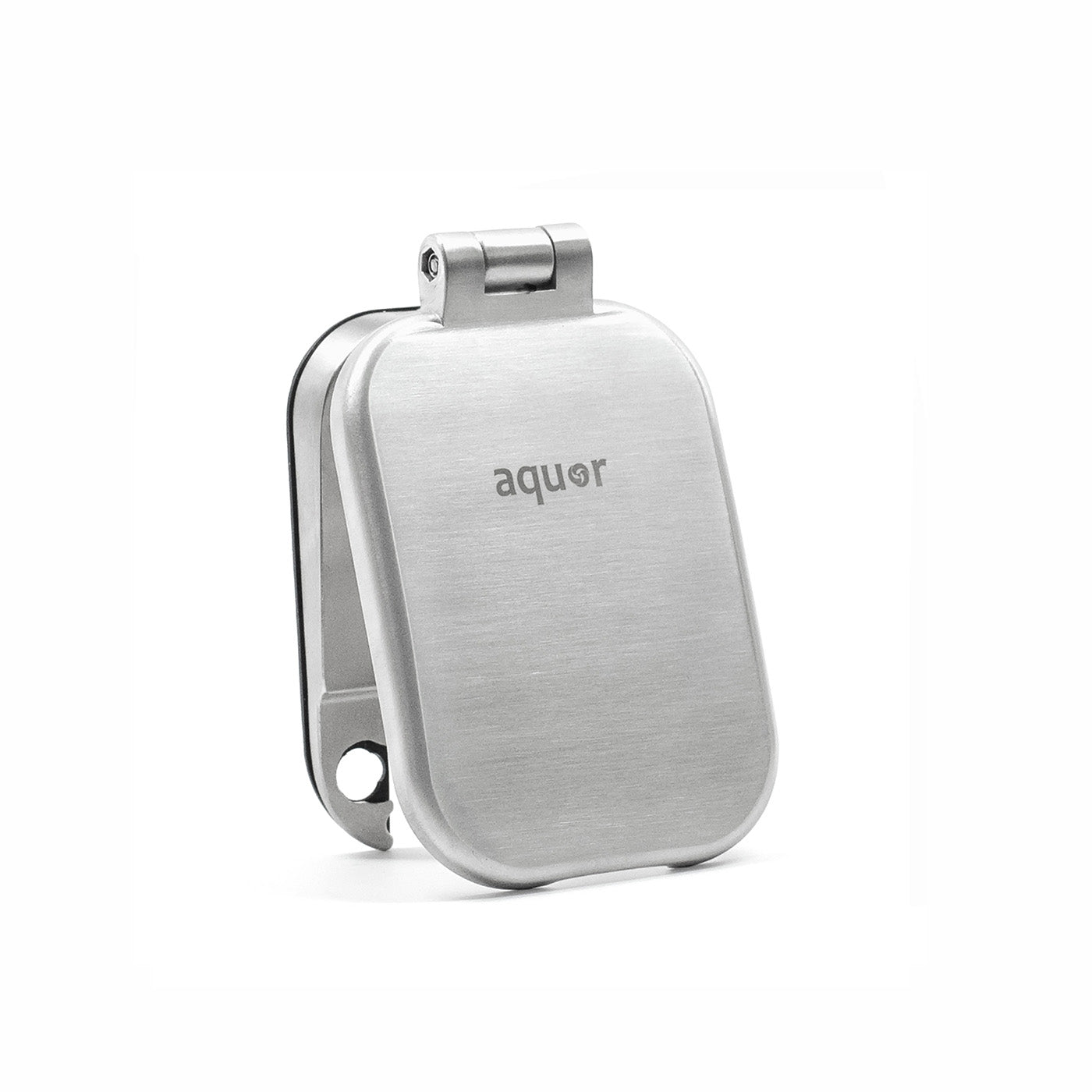 Brushed stainless steel hydrant cover with hinge mechanism and rounded rectangular design.