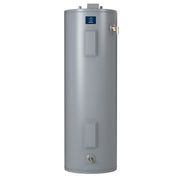 Tall gray cylindrical electric water heater with State brand logo, control panel, brass drain valve, and two access panels.