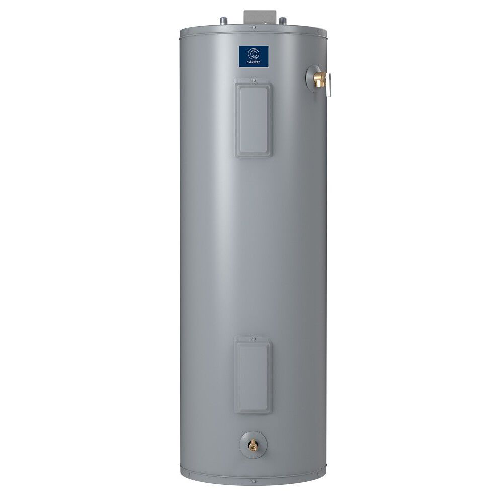 Tall gray cylindrical electric water heater with State brand logo, control panel, brass drain valve, and two access panels.