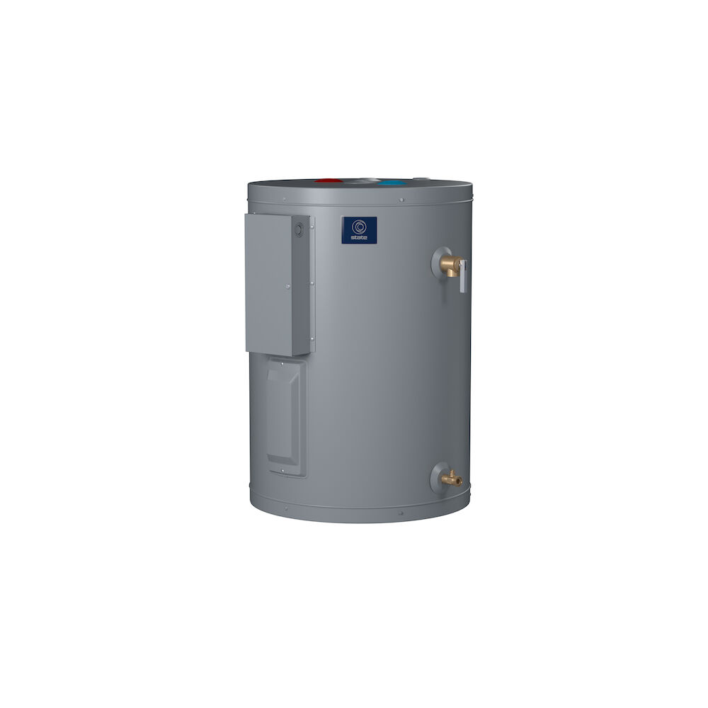 Compact gray cylindrical electric water heater with brass inlet/outlet connections, control panel, and side access door.