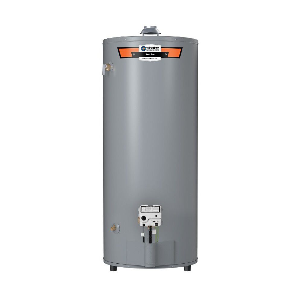 State ProLine gray cylindrical natural gas water heater with orange and black control panel on top.