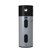 Tall cylindrical water heater with gray lower tank and black upper section, digital control panel, two oval viewing windows, 