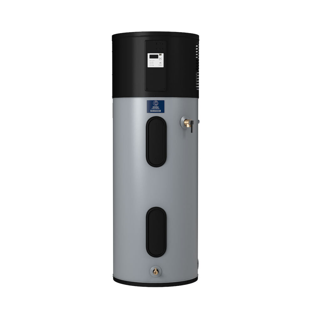 Tall cylindrical water heater with gray lower tank and black upper section, digital control panel, two oval viewing windows, 