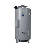 Tall gray cylindrical commercial gas water heater with control panel, brass fittings, and black vent pipe on top.