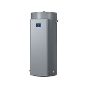 Tall cylindrical commercial electric water heater with gray exterior, blue control panel, and brass outlet connections on sid