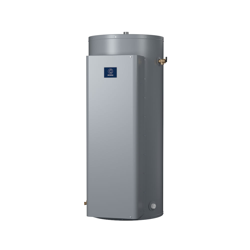 Tall cylindrical commercial electric water heater with gray exterior, blue control panel, and brass outlet connections on sid