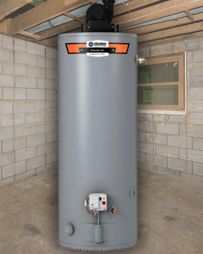 Gray water heater in a storage room with brick walls and wooden ceiling.